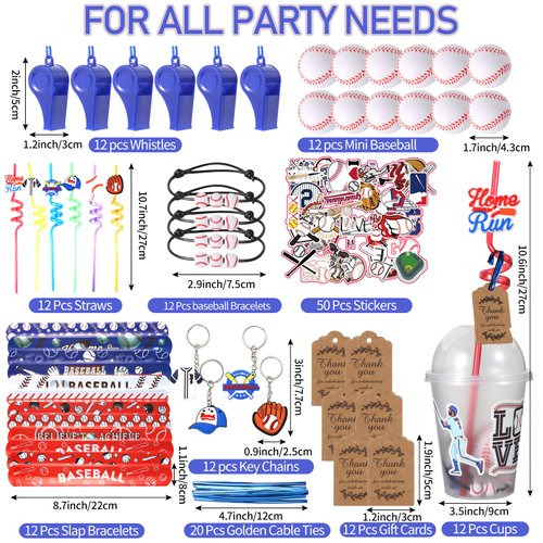 LiYiQ 158 Pcs Baseball Party Favors Baseball Party Supplies With Cup Straw Stress Ball Keychain Sticker Slaps Bracelets Whistle Thank You Tags For Baseball Birthday Decorations (Baseball)