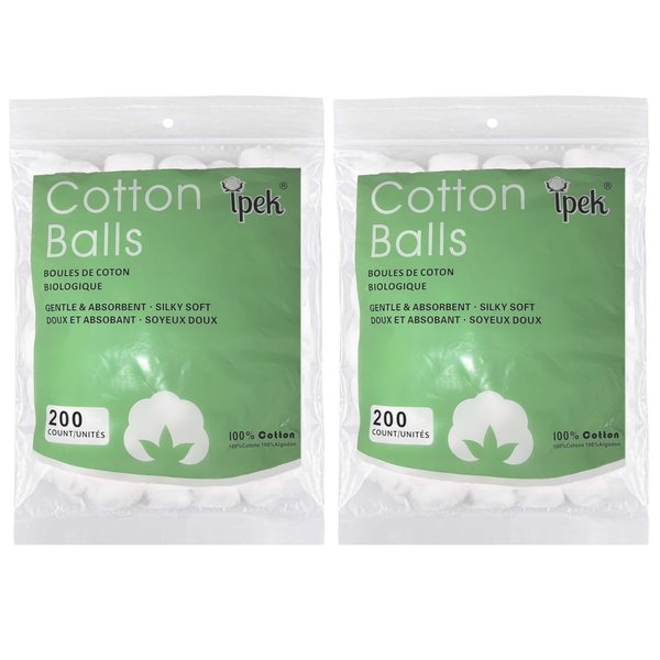 400 Count Pure Cotton PremiumCotton Balls，Organic Cotton Balls, Absorb Well, Super Soft,Multipurpose for Makeup Removal,Applying Lotion or Powder,Nail Polish, for Everyday Household Use（2 * 200）