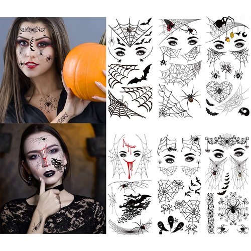 6 Sheet Halloween Spider Bat Temporary Tattoo Stickers Face eye Makeup Stickers Decals for Women Girls Halloween Masquerade Cosplay Party Decorations