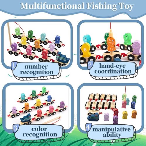 CleCoCenCir Magnetic Fishing Game for Kids, Wooden Train Set with Numbers Montessori Counting Toys, Preschool Math Learning Educational Game Birthday Gift Fine Motor Skill Toy for Toddlers
