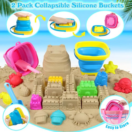 FUSPWEAO Collapsible Beach Toys Sand Toys for Kids, Sandbox Toys with 2 Collapsible Beach Buckets, Mesh Bags, Sand Molds, Sand Castle Toys for Beach, Travel Beach Toys for Kids 3-10
