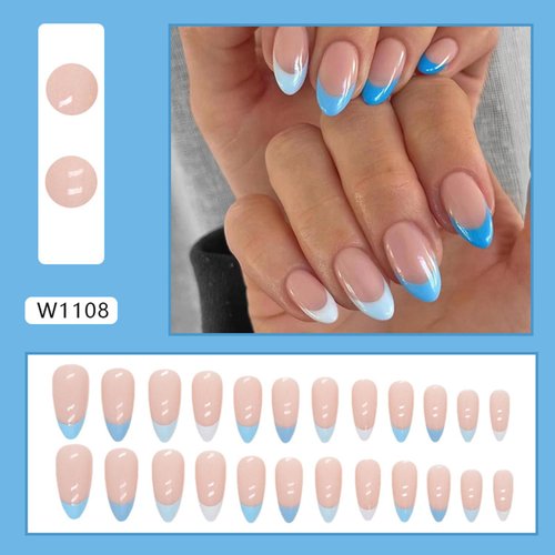 French Tip Press on Nails Long Almond Fake Nails Dark Blue Light Blue White Multicolor False Nails Glossy Nude Artificial Nails with Glue on Nails Reusable Full Cover Stick on Nails for Women