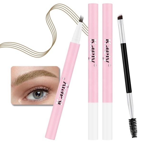 2 Pcs Light Brown Magic Microblading Eyebrow Contouring Pen Brow Pencil, 2-in-1 Eyebrow Pencil with Brow Brush, Single-ended Eyebrow Brush, Hair Like Strokes, Natural Looking Eye Brow for Women, 01