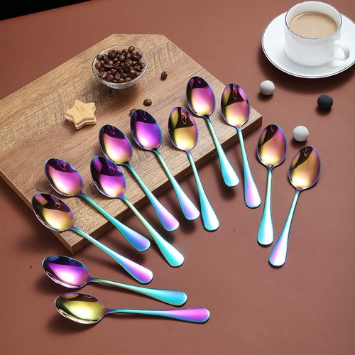 Rainbow Teaspoons 6.5" Set of 12, Berglander Stainless Steel Titanium Plating Shiny Mutil-Color Tea Spoons Silverware, Colorful Tea Spoon Small Dessert Spoon Teaspoon Easy To Clean Dishwasher Safe