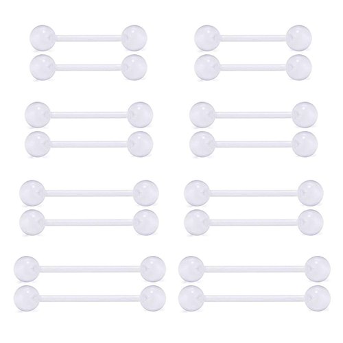 D.Bella 16Pcs 14G Clear Bioflex Flexible Acrylic Straight Tongue Rings Barbells Nipple Ring Retainer Piercing 12mm 14mm 16mm 19mm