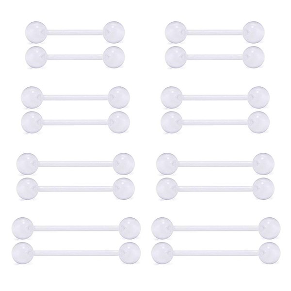 D.Bella 16Pcs 14G Clear Bioflex Flexible Acrylic Straight Tongue Rings Barbells Nipple Ring Retainer Piercing 12mm 14mm 16mm 19mm