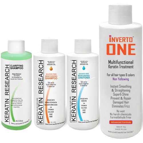 INVERTO ONE 180ml Formaldehyde-free Vegan Keratin Hair Treatment Kit by KERATIN RESEARCH for Curly, Wavy, Colored, Bleached, Damaged, Dry, Frizzy Hair - Instant Results, Easy, Powerful, Salon Grade