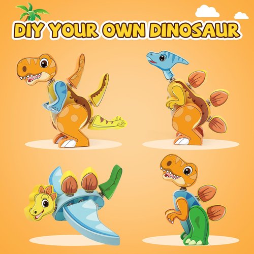 MTTIERY 5PCS Dinosaur Snap Together Building Toys-Wooden Dinosaur Toys for Kids 3-5, 5-7, STEM Preschool Learning Activities Fine Motor Skills Dino Toys Gifts for 3 4 5 6 Year Old Boys Girls