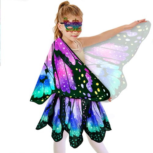 Sunlisky Kids Butterfly Wings Costume for Girls Fairy-Wings Toddler Dress Up Play Costumes Butterfly Skirt Set Mask Party Favors Gifts（Purple & Green）