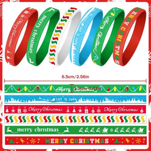 NEBURORA 48 Pack Christmas Wristband 6 Style Silicone Bracelet Wristbands Xmas Rubber Band for Christmas Party Decor 6 Merry Christmas Pattern Wrist Band Party Supplies