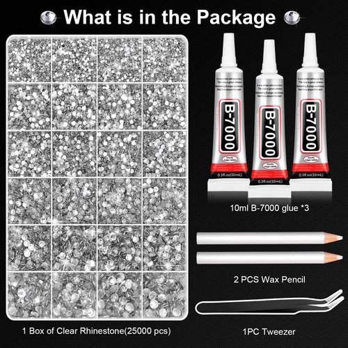 Cludoo 25000Pcs Silver Clear Rhinestones with b7000 Rhinestones Glue for Crafts, Flatback Gems Crystal Rhinestones Kit with Tweezer Picker Pens for Clothes Fabric Shoes, Tumblers,Jewelry Making