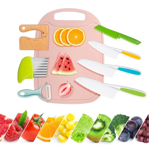 8 PCS Wooden Kids Kitchen Knife Set for Real Cooking, Cooking Knives Set with 4 PCS Plastic Serrated Edges Toddler Knife, Wood Kids Safe Knife, Crinkle Cutter, Y Peeler and Cutting Board By Giveme5
