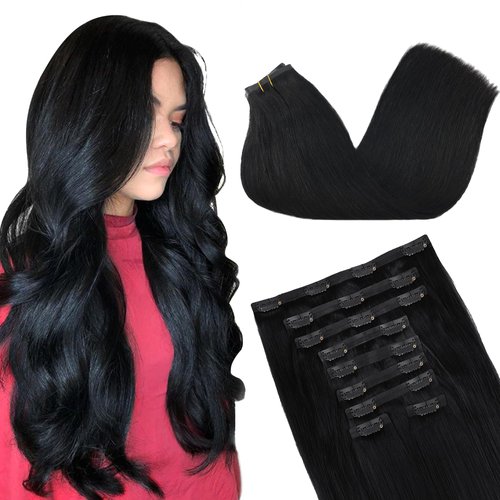 GOO GOO Clip in Hair Extensions Real Human Hair, 16inch 130g 9Pcs, 1 Jet black, Remy Human Hair Extensions Clip ins for Women, Natural Human Hair