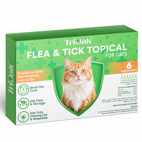 TriOak Flea and Tick Prevention for Cats: Flea & Tick Topical for Cats Over 1.5lbs, 6 Dose Flea and Tick Control/Prevention for 6 Months (6 Pack)