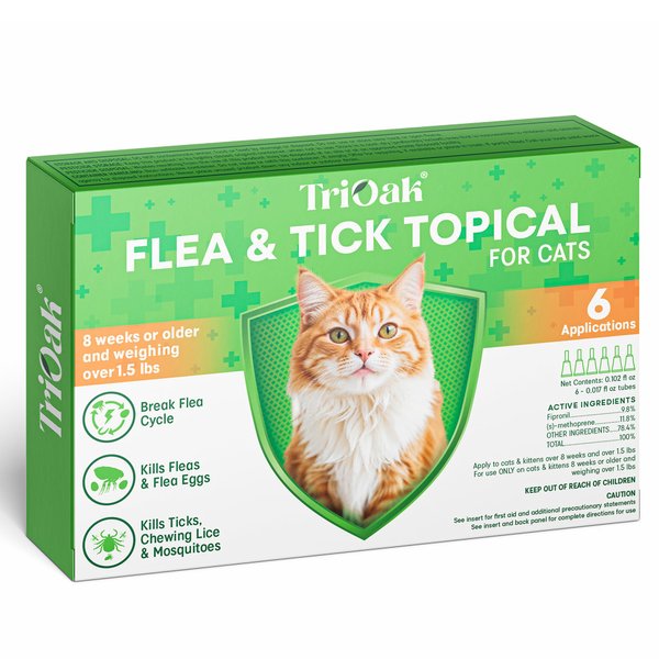 TriOak Flea and Tick Prevention for Cats: Flea & Tick Topical for Cats Over 1.5lbs, 6 Dose Flea and Tick Control/Prevention for 6 Months (6 Pack)