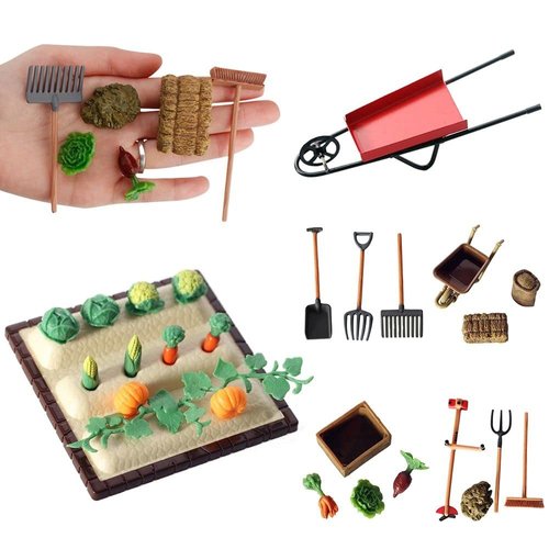 gofidin 1:12 Scale Miniature Farming Tools Dolls Accessories, 13PCS Simulation Shovel Rake Lawn Mower Garden Cart Scene Model Dollhouse Decoration
