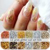 Holographic Nail Glitter Gold Foils for Kit, 12 Grids Sparkly Ultra-Thin Aluminum Foil Nail Art Flakes Designs, Powder Nail Glitters Sequins Acrylic Supplies DIY Manicure Charms Decorations, for Women