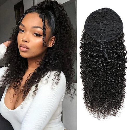 Feelgrace 3C Remy Brazilian Kinky Curly Ponytail Hair Afro Kinky Curly Hair Clip In Hair Piece Natural Color Silky Soft Ponytail Hair (22 Inch, Kinky Curly)