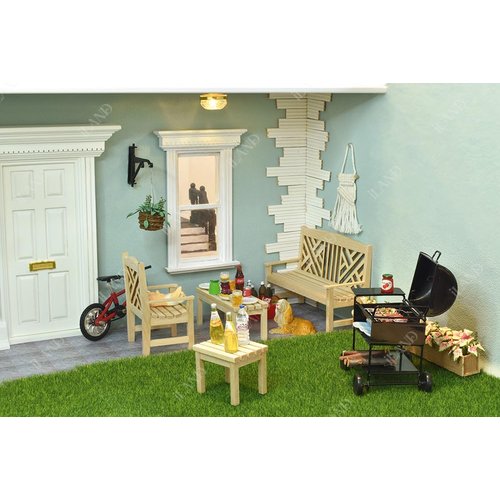 iLAND Dollhouse Furniture and Accessories on 1:12 Scale incl Dollhouse Patio Tables & Garden Chairs & BBQ Grill & Mini Bike (Modern 6pcs)