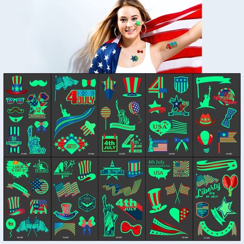 ALIBBON 10 Sheets Glow in the Dark Patriotic Tattoos, 4th of July Temporary Tattoos, American Flag Tattoos, Red White and Blue Party Supplies for Independence Day Labor Day Veterans Day