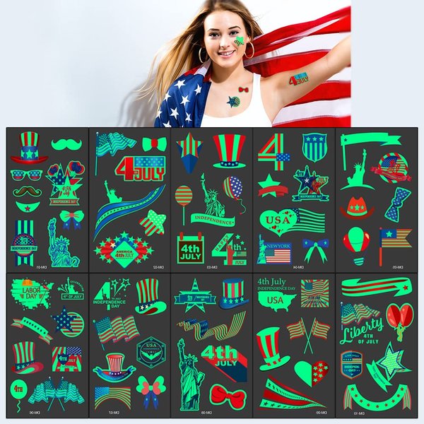 ALIBBON 10 Sheets Glow in the Dark Patriotic Tattoos, 4th of July Temporary Tattoos, American Flag Tattoos, Red White and Blue Party Supplies for Independence Day Labor Day Veterans Day