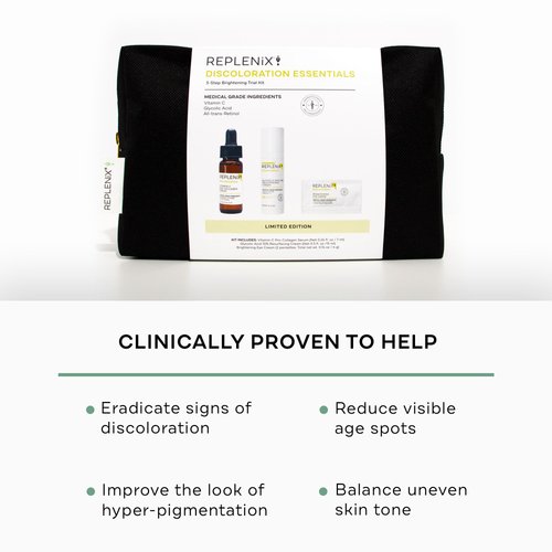Replenix Discoloration Essentials 3 Step Brightening Medical-Grade Trial Kit (Set Includes Travel-Size Glycolic Acid Resurfacing Cream, Vitamin C Pro Collagen Serum, Brightening Eye Cream)