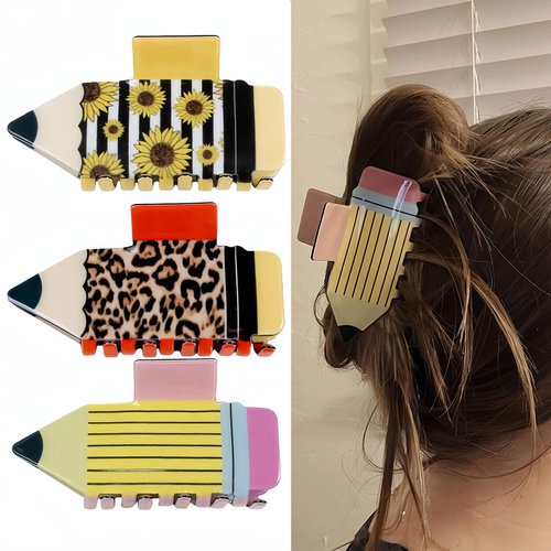 HIFANMM 3pcs Pencil Hair Claw Clips for Women Back to School Hair Accessories Sunflower Leopard Stripe Pen Hair Clips Students Teachers Non Slip Hairpins for Thick Thin Hair School Opens Season Decor