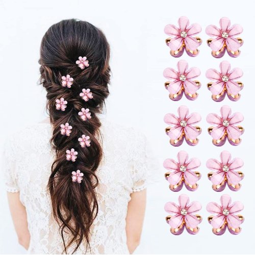 10 Pcs Mini Cute Flower-Shaped Hair Clips for Girls, Multicolor Crystal Hair Barrettes for Long Braid Hairstyles, Flower Hairpin for Women Hair Accessories (10 Pcs- Purple)