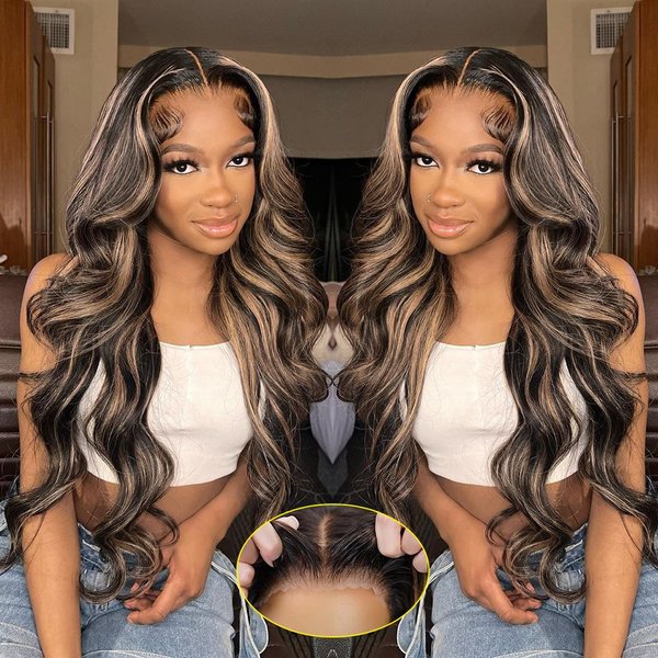 Recomtic Highlight Glueless Wigs Human Hair Pre Plucked Pre Cut Wear and Go 5x5 HD Lace Closure Wigs Honey Blonde Body Wave Lace Front Wigs Human Hair for Women 180% Density 24Inch