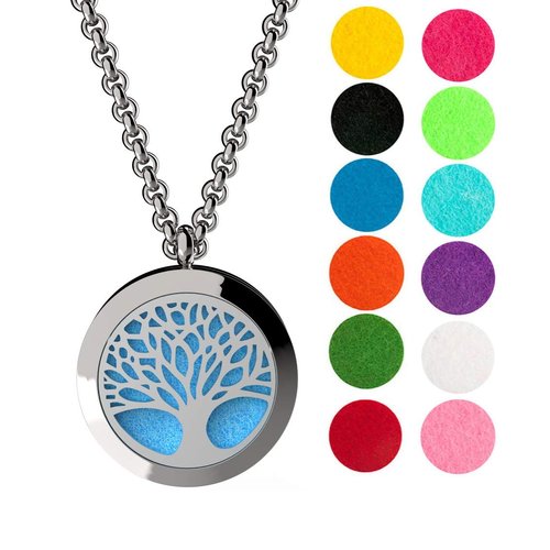 Wild Essentials Tree of Life Essential Oil Diffuser Necklace, Stainless Steel Locket Pendant with 24 inch Chain, 12 Color Refill Pads, Customizable Color Changing Perfume Jewelry for Aromatherapy