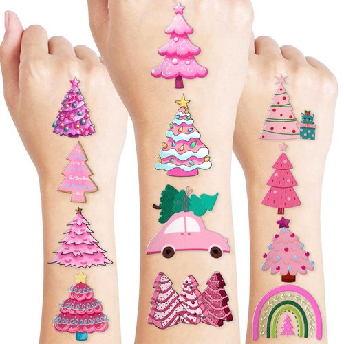 Cute Pink Christmas Temporary Tattoos Xmas Tree Birthday Party Decorations Favors Supplies Winter Themed Stickers 10 Sheets 100 PCS Gifts for Kids Girls Boys Decor Class School Carnival Christmas
