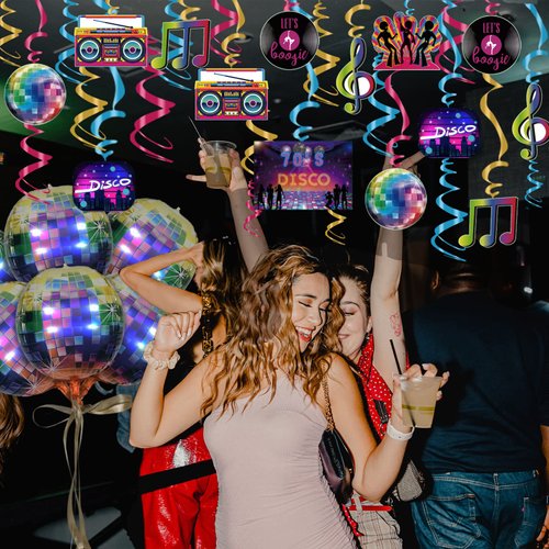 70s Disco Party Decorations Multicolor Disco Ball Balloons 70's Theme Hanging Swirls Ceiling Decor Hippie Retro Disco Fever 1970's Boogie Dance Music Birthday Party Favors Supplies Backdrop 36 pcs
