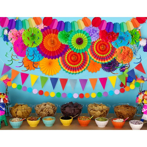 35PCS Fiesta Paper Fan Party Decorations Set - Cinco De Mayo Pom Poms,Pennant,Garland String,Banner,Hanging Swirls Decor Supplies（Multicolored)