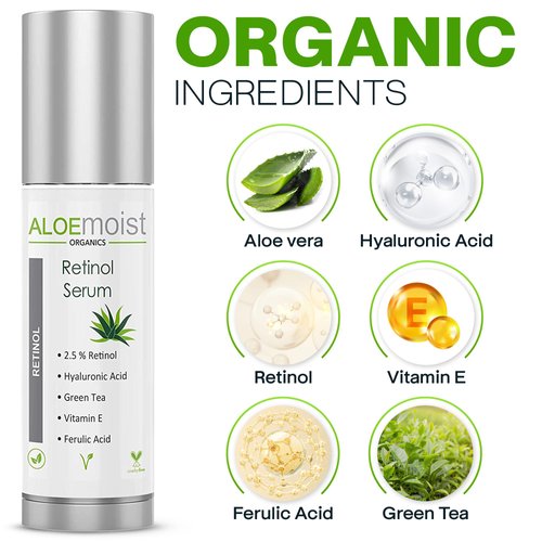 Aloemoist 2.5% Retinol Serum for Face + Hyaluronic Acid, Aloe Vera, Vitamin E Oil, Jojoba Oil, Vitamin C Serum – Face Toner, Pore Minimizer, Acne Treatment, Reduces Wrinkles Fine Lines, Age Spots .5oz