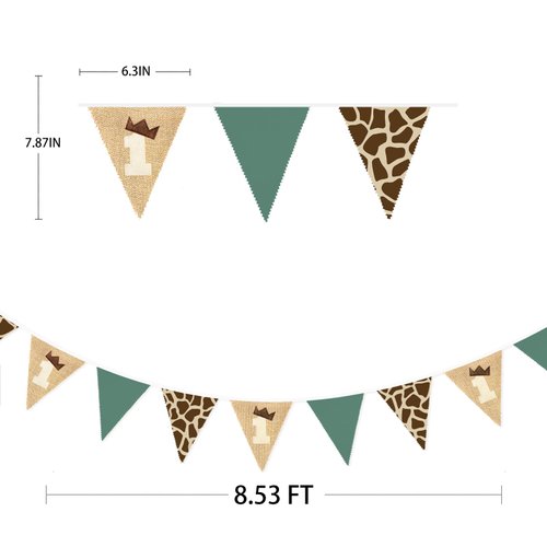 Jungle Safari1st Birthday Pennant Banner Flag Sage Green Giraffe Printed Burlap Triangle Fabric Bunting with Felt 1 Sign for Wild One Giraffe Animal Onedland First Birthday Party Decorations Supplies