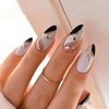 ANDGING French Tip Press on Nails Almond Short Medium White Black Fake Nails Glue on Nails with Bling Glitter Gold Striped Design Acrylic False Nails for Wedding Gel Manicure Stick on Nail with Glue