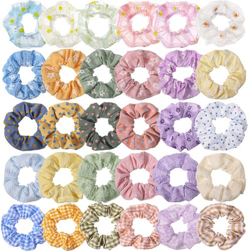 Crowye 30 Pcs Cute Hair Scrunchies for Women Girls Kawaii Colorful Scrunchies Elastic Bands Ponytail Holder Scrunchies Bulk Assorted Hair Ties Accessories(Classic Pattern)