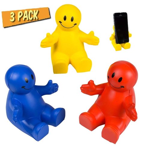 4" Fun Colorful Squeezable Smile Face Guy Phone Holders (3 Pack) Fun Phone Stand Desk Decor Smartphone Stand, Stress Relief Ball, Foam Fidget Toy. Great for kids and adults. Red, Blue and Yellow.