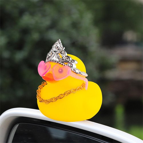 wonuu Car Duck Decoration Dashboard Ornament for Dashboard Decoration Rubber Accessories with Pearl Necklace Crown Mini Swim Ring and Sunglasses, C_Pink Heart_Queen Crown_Chain_Pink