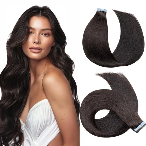 HEHUA Tape in Hair Extensions Human Hair, 1B Natural Black, Tape Hair Extensions, 22 inches 100g 40pcs Straight Seamless Skin Weft, Invisible Tape in Extensions Thick Ends Real Remy Hair Extensions