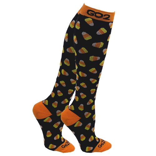 Go2Socks Holiday Compression Socks | Women Men Nurses Runners | 15-20 mmHg Medical Stockings(CandyCornBlk,L)