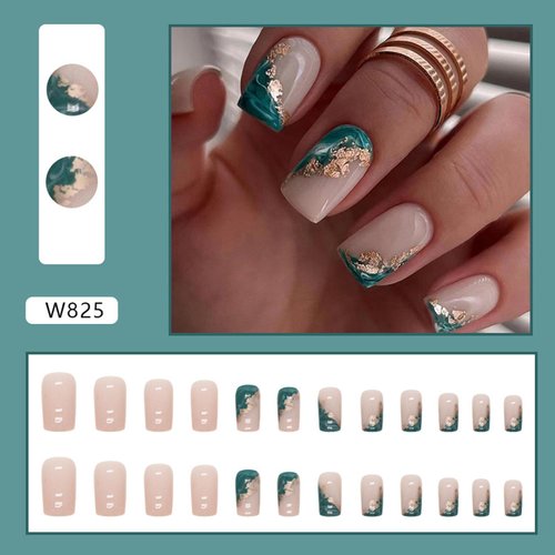 Nude Press on Nails Medium Coffin Fake Nails Green French Tip False Nails With Gold Foil Designs Full Cover Stick on Nails Square Acrylic Artificial Nails Stick on Nails for Women Girls 24Pcs