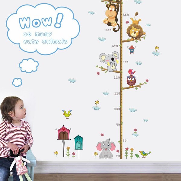 Wland 22 inches x 43 inches Monkey Lion Elephant Birds Koala Animals Measurement Growth Chart Removable Vinyl Wall Decals Stickers for Children Room Nursery