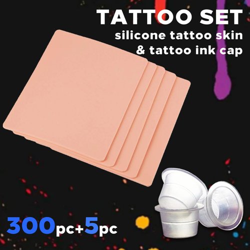 Tattoo Practice Kit- NAQASE 3mm Tattoo Skin Practice 6"x8" 5Pcs tattoo skins and 300Pcs Tattoo Ink Caps Mixed