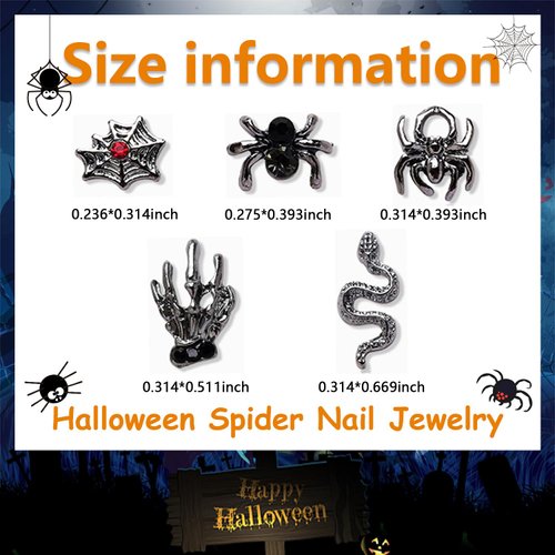 WOKOTO 50pcs 3D Black Metal Nail Charms For Nail Art 3d Halloween Charms For Acrylic Nails Black Spider Snake Skull Hand Alloy Nail Jewelrys For Women Girls Halloween Holiday Nail Gems Accessories