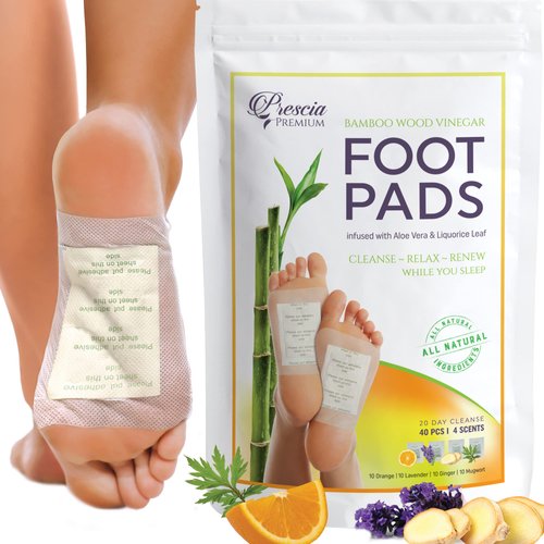 Prescia Premium Deep Cleansing Foot Pads - Natural Bamboo & Aromatic Herbs, 40 Pack - Ginger, Lavender, Mugwort, Orange - Easy Body Cleansing, Swelling Removal, Foot Care, and Self-Care