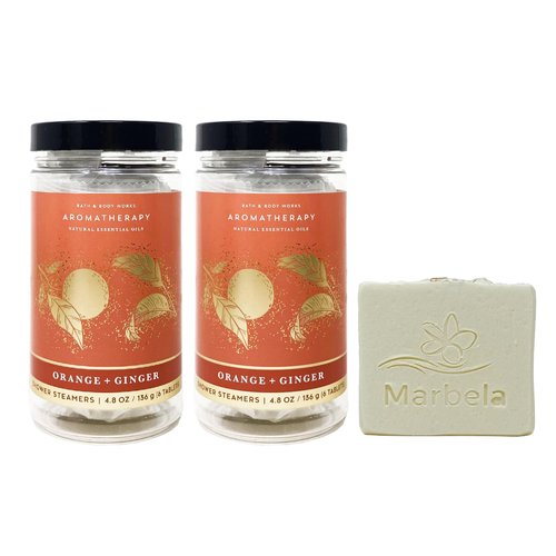 Bath & Body Works Aromatherapy Orange + Ginger 2 Pack Shower Steamer Gift Set with a Natural Oats Bar Soap - Full Size