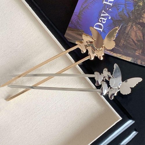 2 PCS U-Shaped Hairpins - Vintage Chinese Style Hair Sticks, Retro Hair Accessories for Women Girls, Elegant Metal Butterfly Hair Forks for Chignon Bun (Gold+Silver)