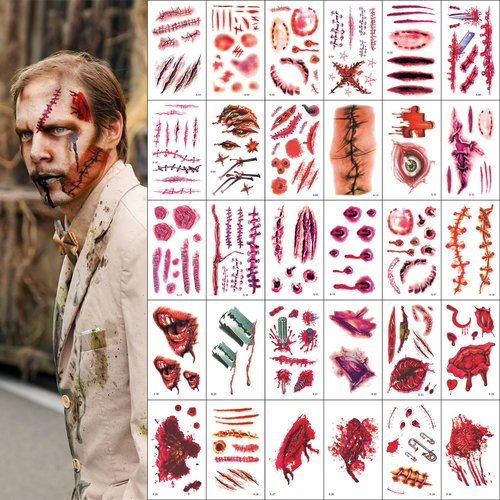 Lusstiazz 200+ PCS Halloween Tattoo Stickers Wound Tattoo Stickers, Fake Scar Tattoos For Women Men Adults Kids, Halloween Scary Face Zombie Makeup Kit Waterproof Tattoo Sticker