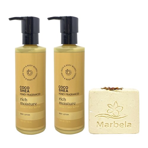Bath & Body Works Coco Shea Honey Fragranced Rich Moisture 2 Pack Body Lotion Bundle with a Creamy Rose Soap - Full Size